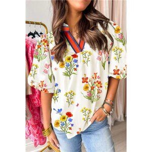 Floral‎ Short Puff Sleeve Notched Blouse